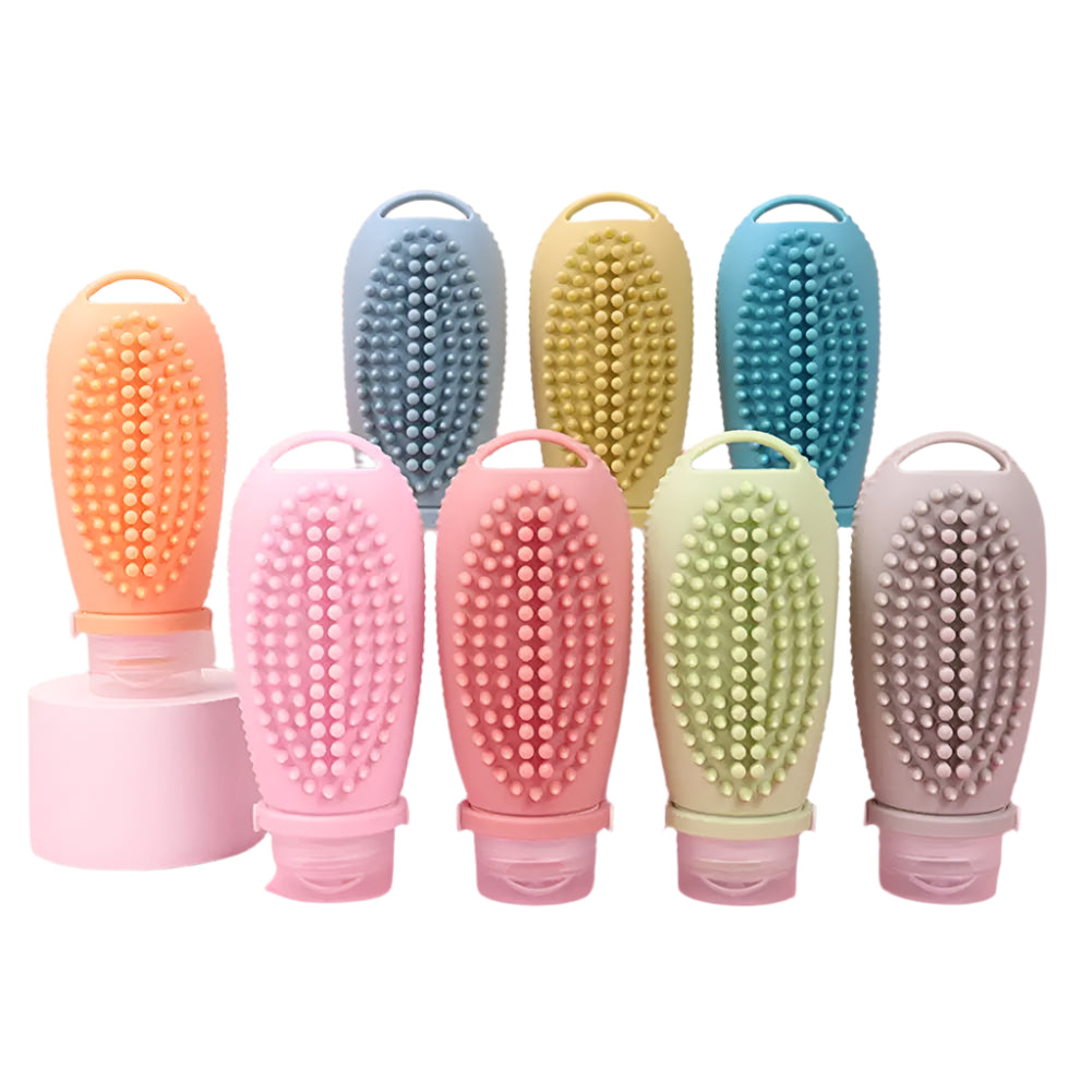 Portable Silicone Squeezable Bottle Packaging Cosmetic Fitness Container Set, Scalp Massager Hair Brush, Fillable Shampoo