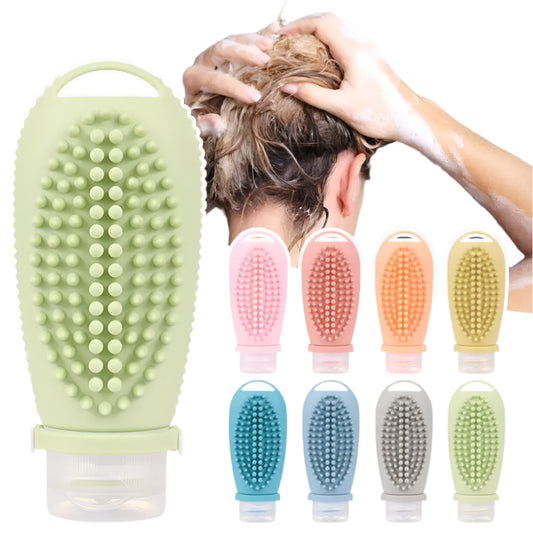 Portable Silicone Squeezable Bottle Packaging Cosmetic Fitness Container Set, Scalp Massager Hair Brush, Fillable Shampoo