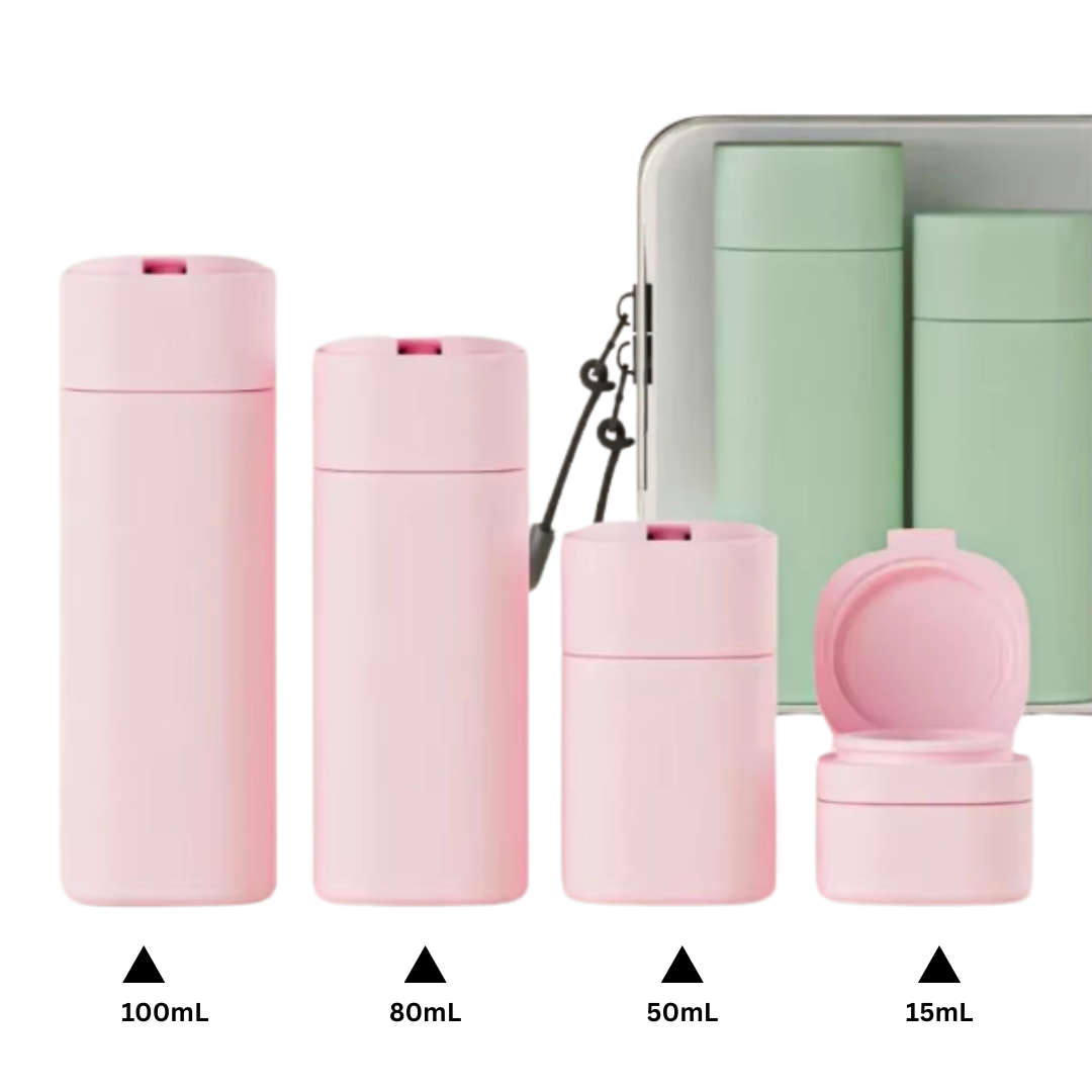 Set de 5 flacons voyage – Doux au toucher, colorés, pratiques.